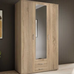 Daniela 120cm Kleiderschrank mit 3 Türen 2 Schubladen und Spiegel - Eiche