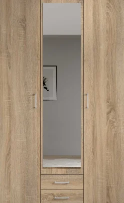 Daniela 120cm Kleiderschrank mit 3 Türen 2 Schubladen und Spiegel - Eiche