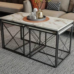 Emob Defne Couchtisch-Set | 100 % MELAMIN | Weißer Marmor, Schwarz