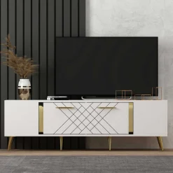 Detas TV-Ständer | 100 % MELAMIN | Weiß, Gold