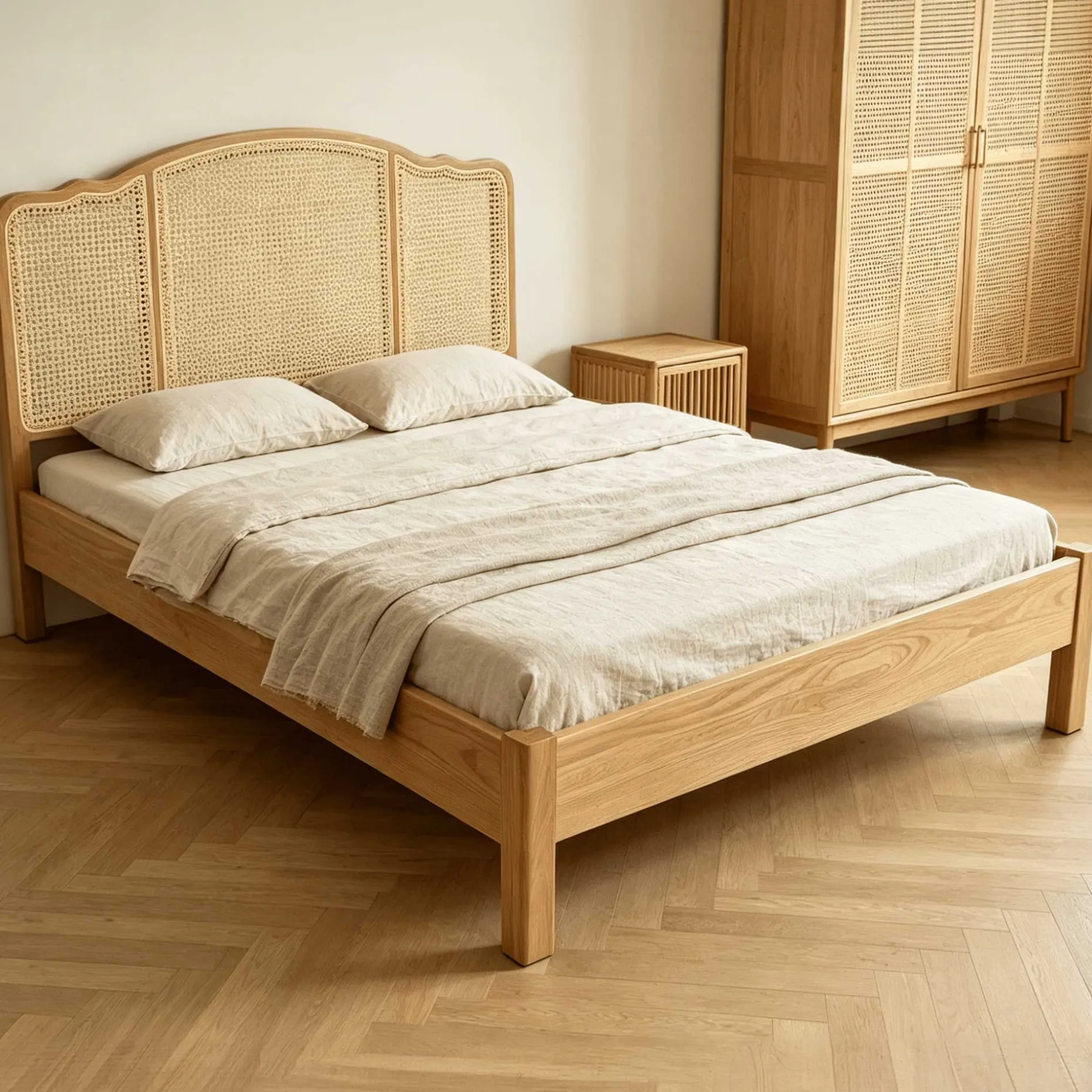 Doppelbet Prestige - 140x200cm - mit Lattenrost - Eichenholz/Rattan