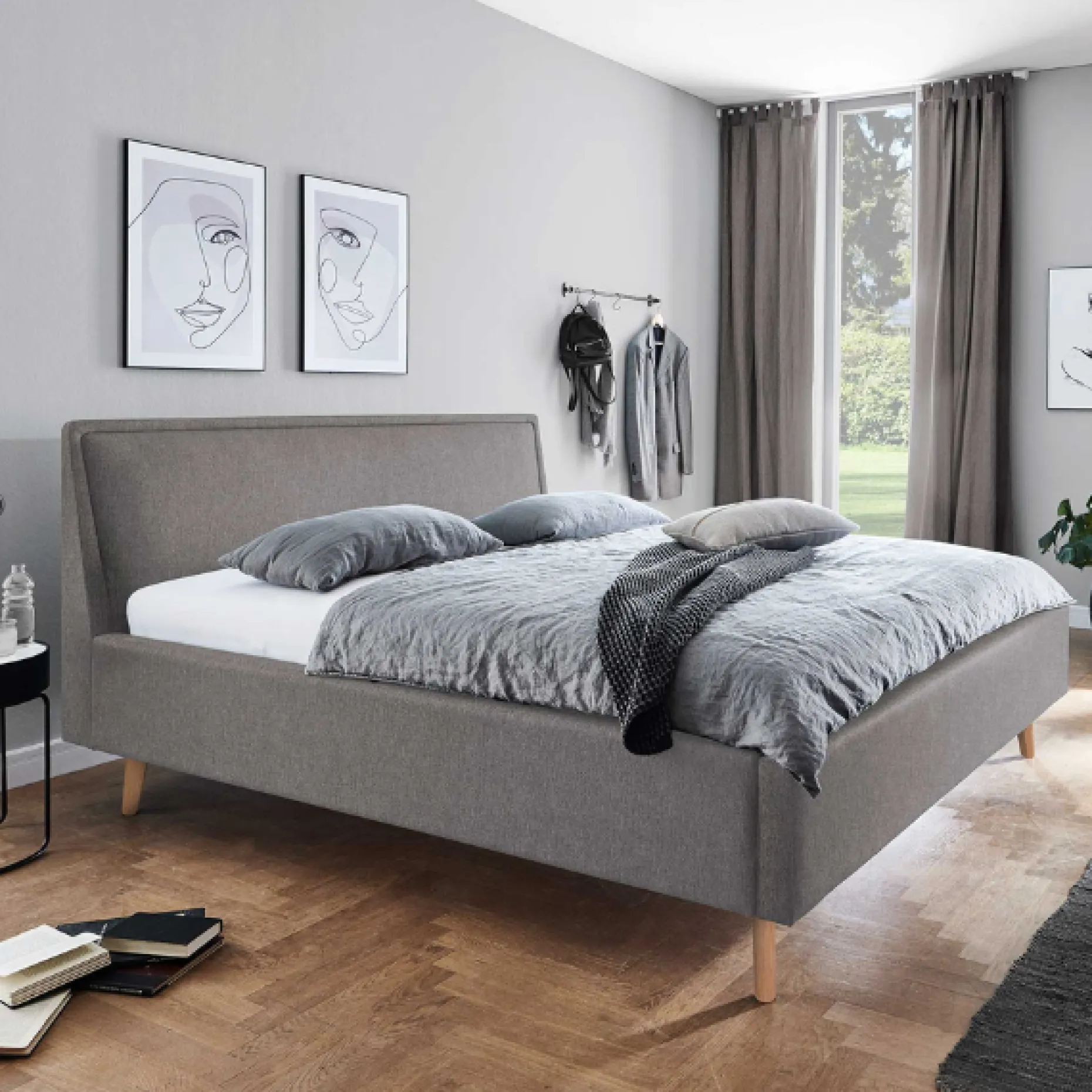 Doppelbett Estee 160x200cm mit Stauraum - hellgrau/Eiche