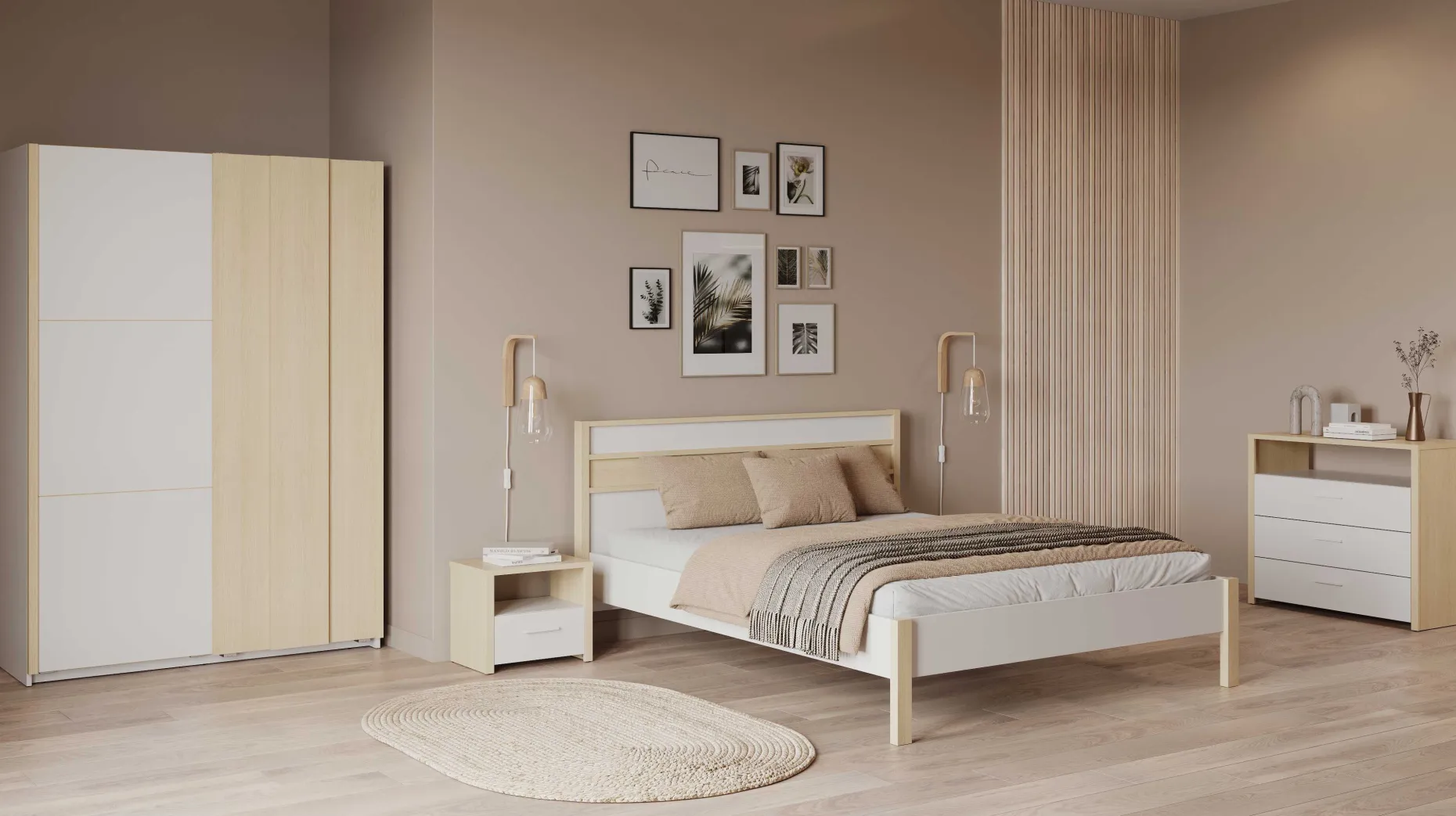 Doppelbett Heva - 160x200cm - weiß/Eiche Dekor