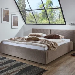 Doppelbett Kubrik 180x200cm mit Stauraum und Matratze - taupefarbener gerippter Samt