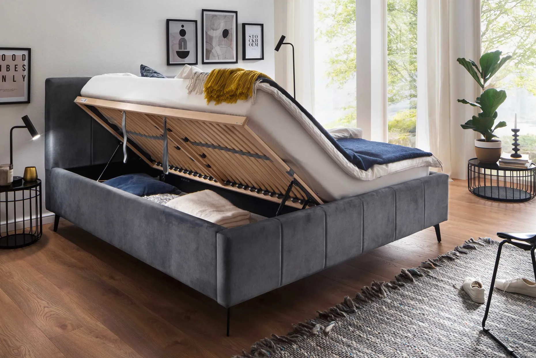 Doppelbett Lizzie 160x200cm mit Stauraum - anthrazit