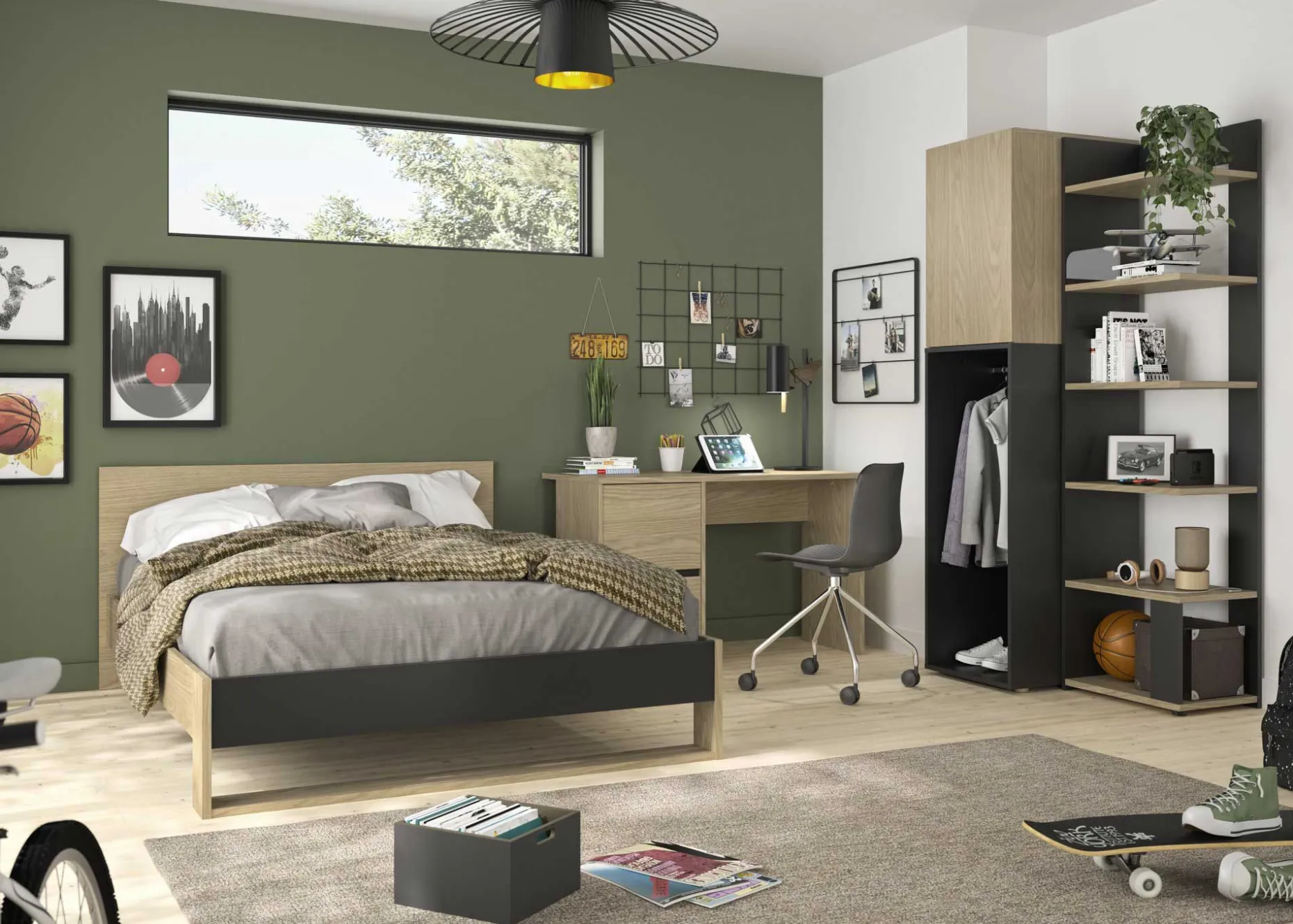 Doppelbett Nael - 140x190cm - Eiche Dekor/schwarz