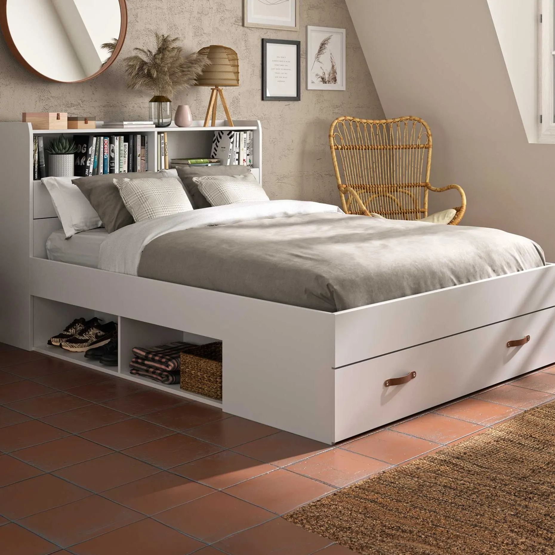 Doppelbett Sabri 140x190cm, 3 Schubladen - weiß