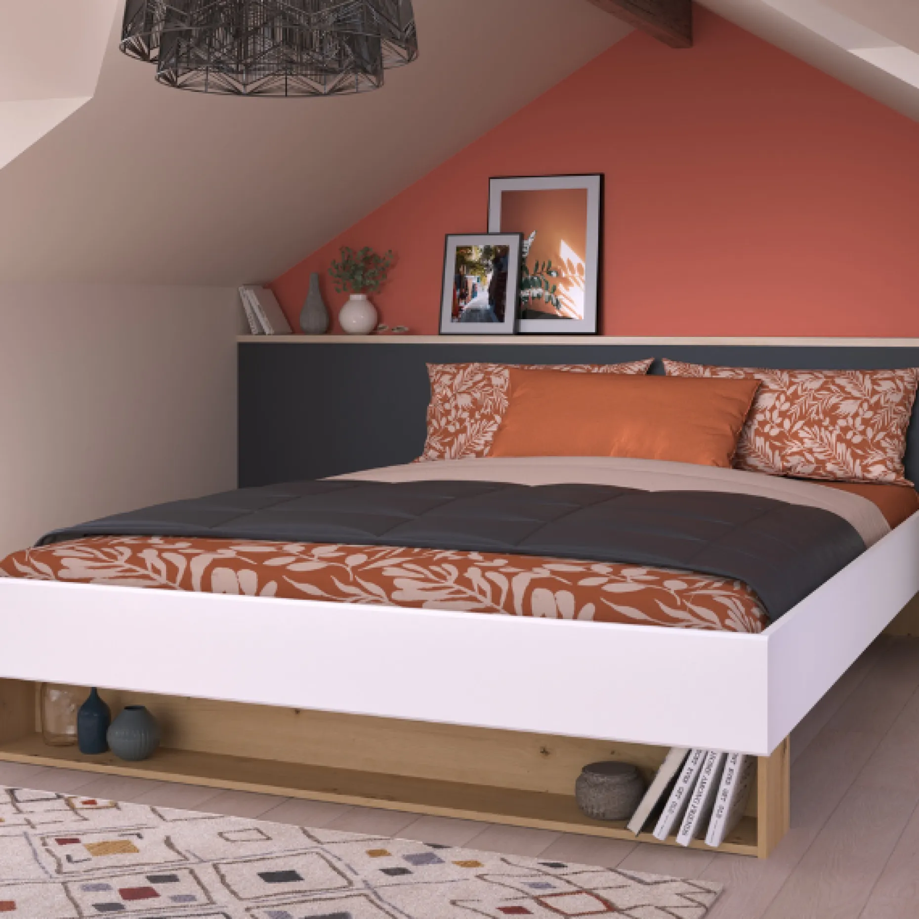 Doppelbett Stamp | 206 x 163,8 x 37,7 cm | Artisan Oak White