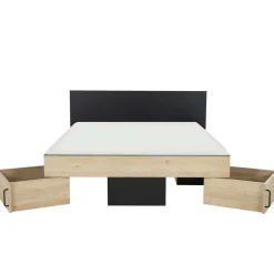 Doppelbett Swip 140x190cm, 2 Schubladen - Eiche Dekor/schwarz