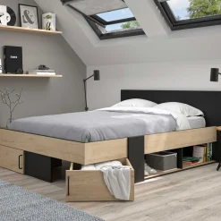 Doppelbett Swip 140x190cm, 2 Schubladen - Eiche Dekor/schwarz