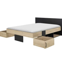 Doppelbett Swip 140x190cm, 2 Schubladen - Eiche Dekor/schwarz