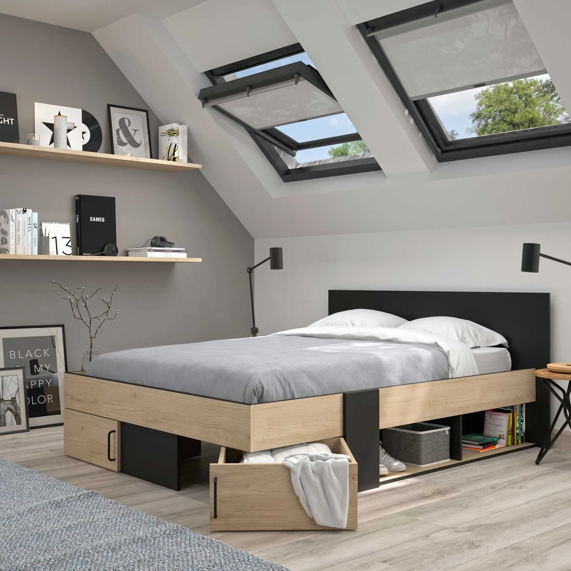 Doppelbett Swip 140x190cm, 2 Schubladen - Eiche Dekor/schwarz
