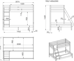 Dreifach-Etagenbett 3-Sitzer Holz - grau