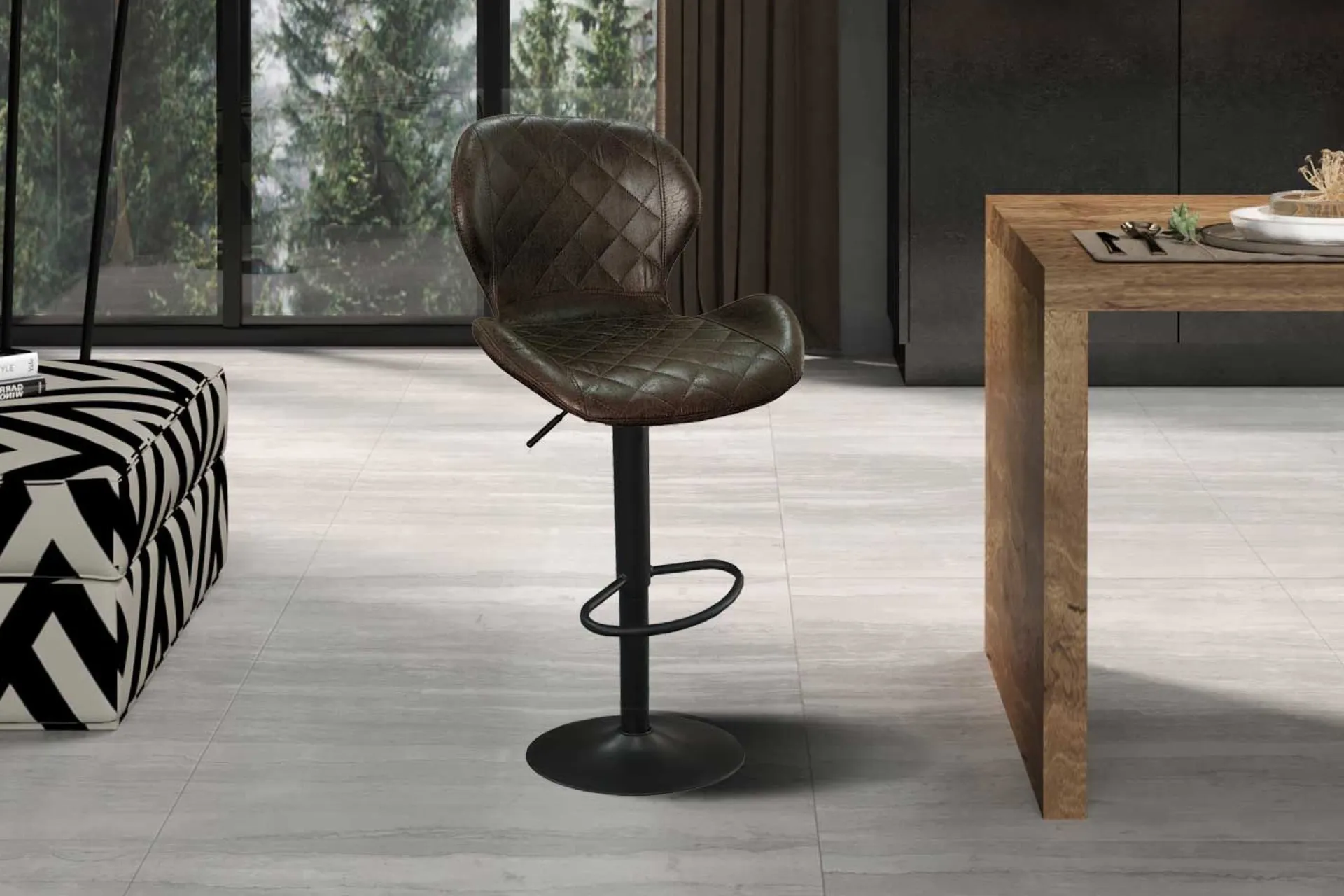 Rousseau Dunkeler Barhocker Malaga | Metallbeine und Vintage-PU-Polsterung