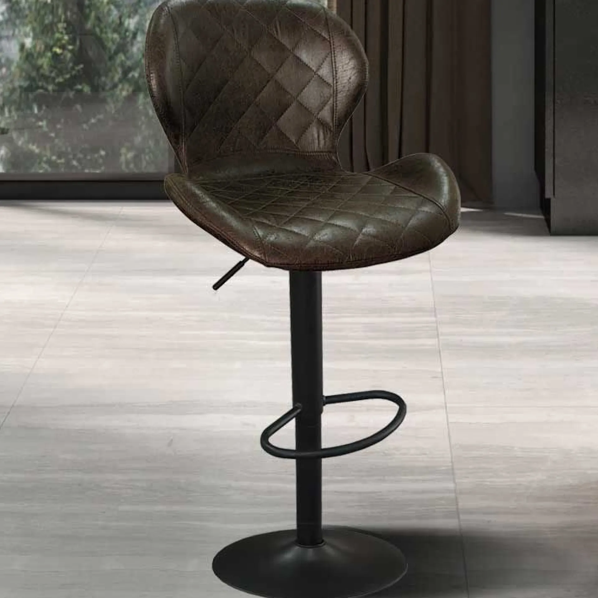 Rousseau Dunkeler Barhocker Malaga | Metallbeine und Vintage-PU-Polsterung