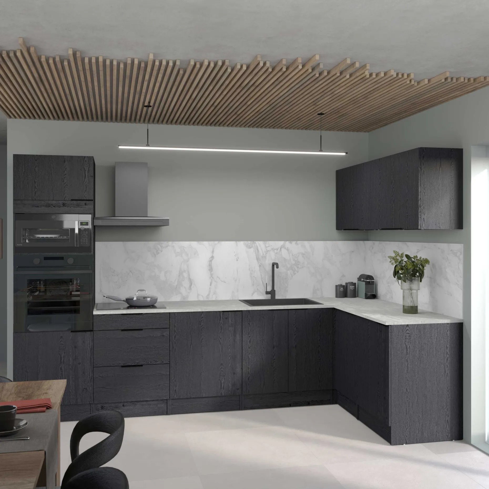 Eckschrank Küche Anna - 100x60x87cm - 1 Tür - schwarzes Eichendekor/weißer Stein