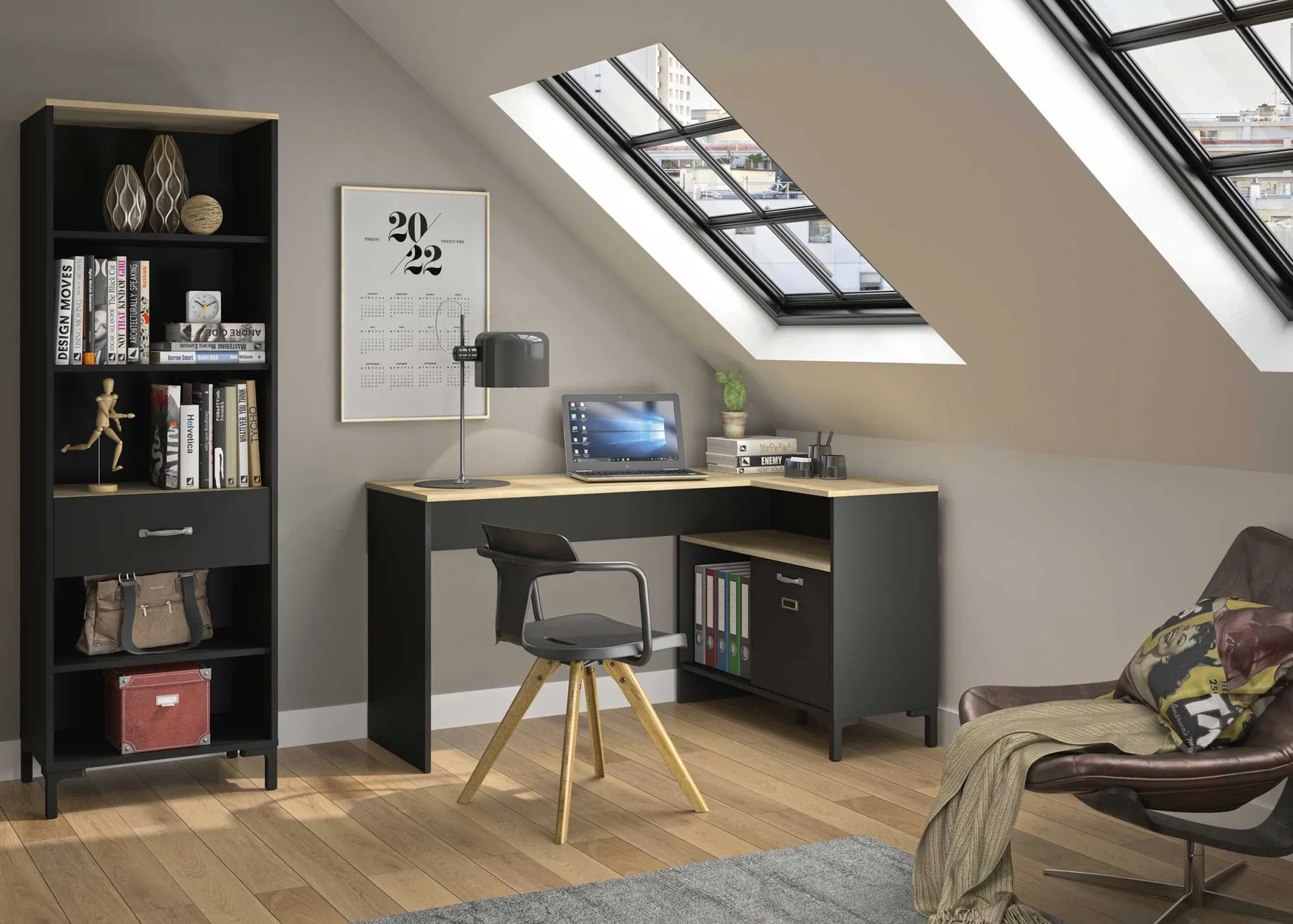 Gautier - Diagone Eckschreibtisch Manchester | 136 x 88 x 73 cm | Eiche Helvezia Design