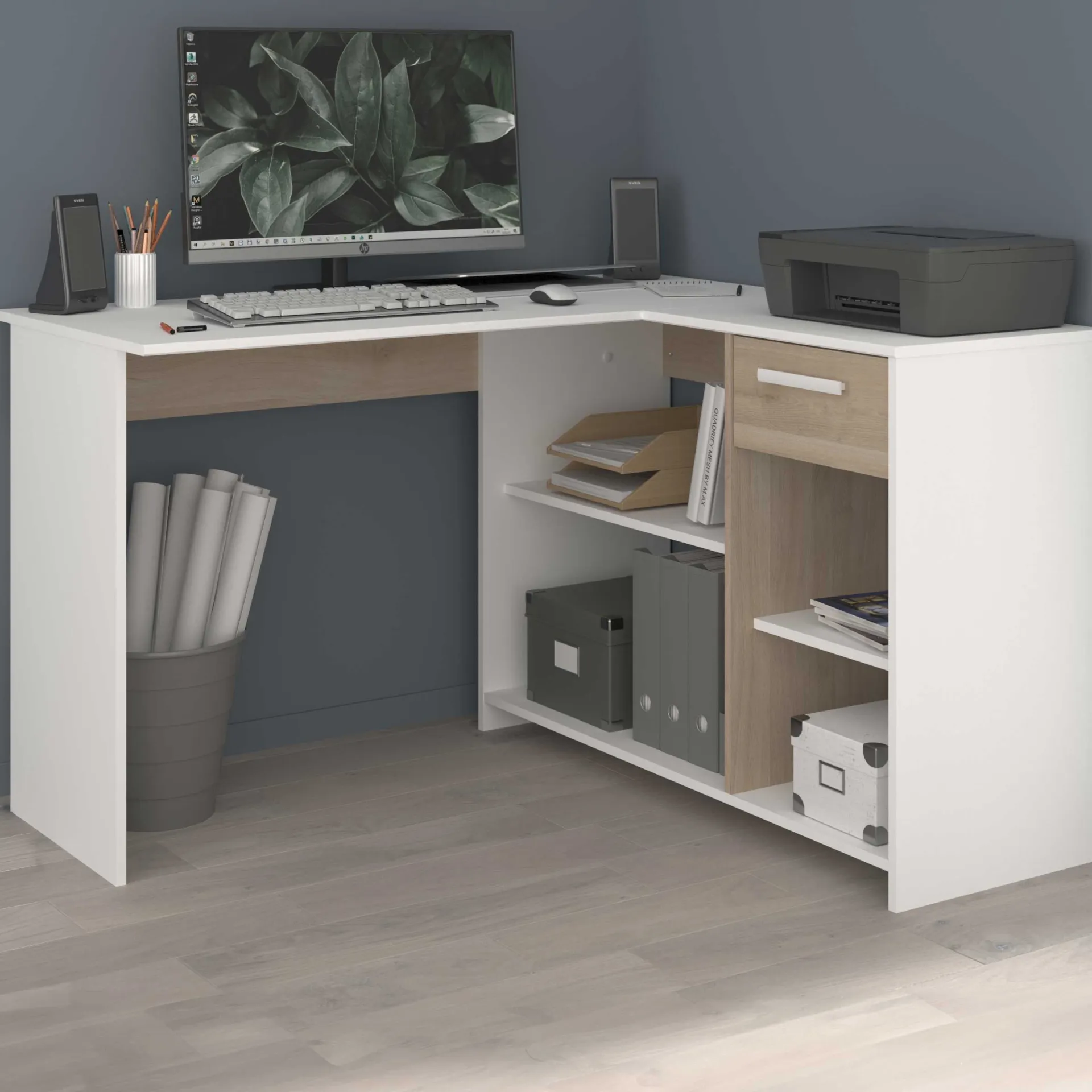 Parisot Eckschreibtisch Sil - 121x111x75cm - mit Stauraum - Eiche Dekor/Weiß