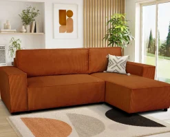 PGS Ecksofa Josh rechts - mit Stauraum - terracotta gerippter Samt