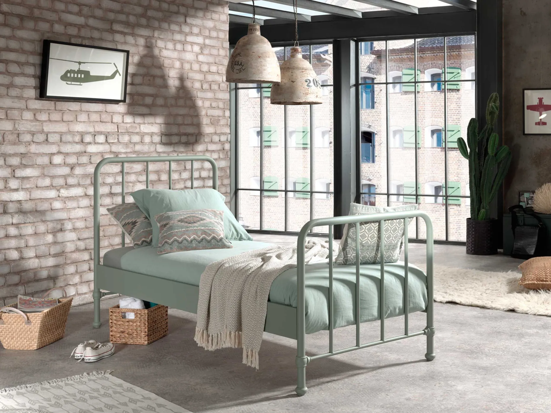 Einzelbett Bronxx Metall 90x200 - matt olivgrün
