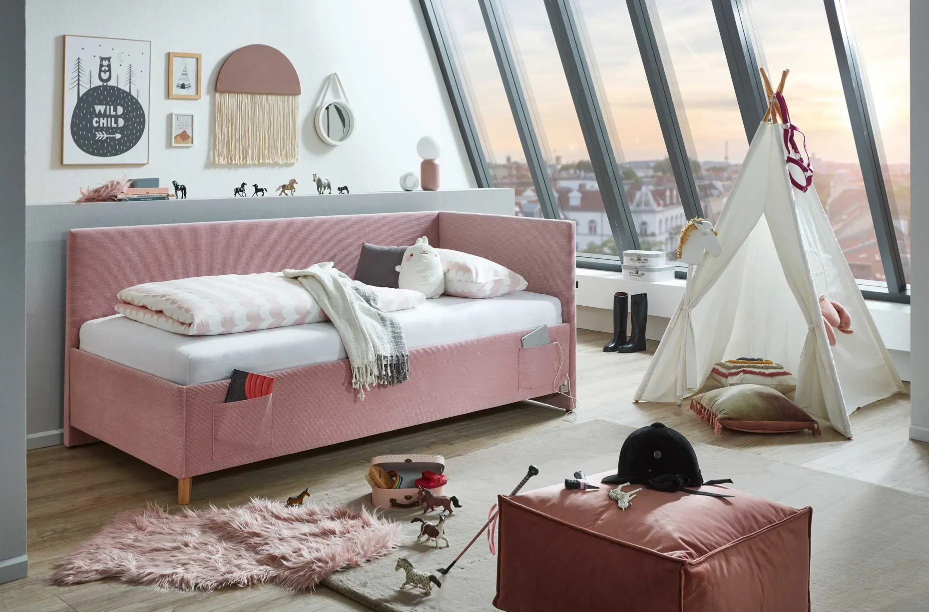 Einzelbett Cool | Mit Rückenlehne | 140 x 200 cm | Rosa Design