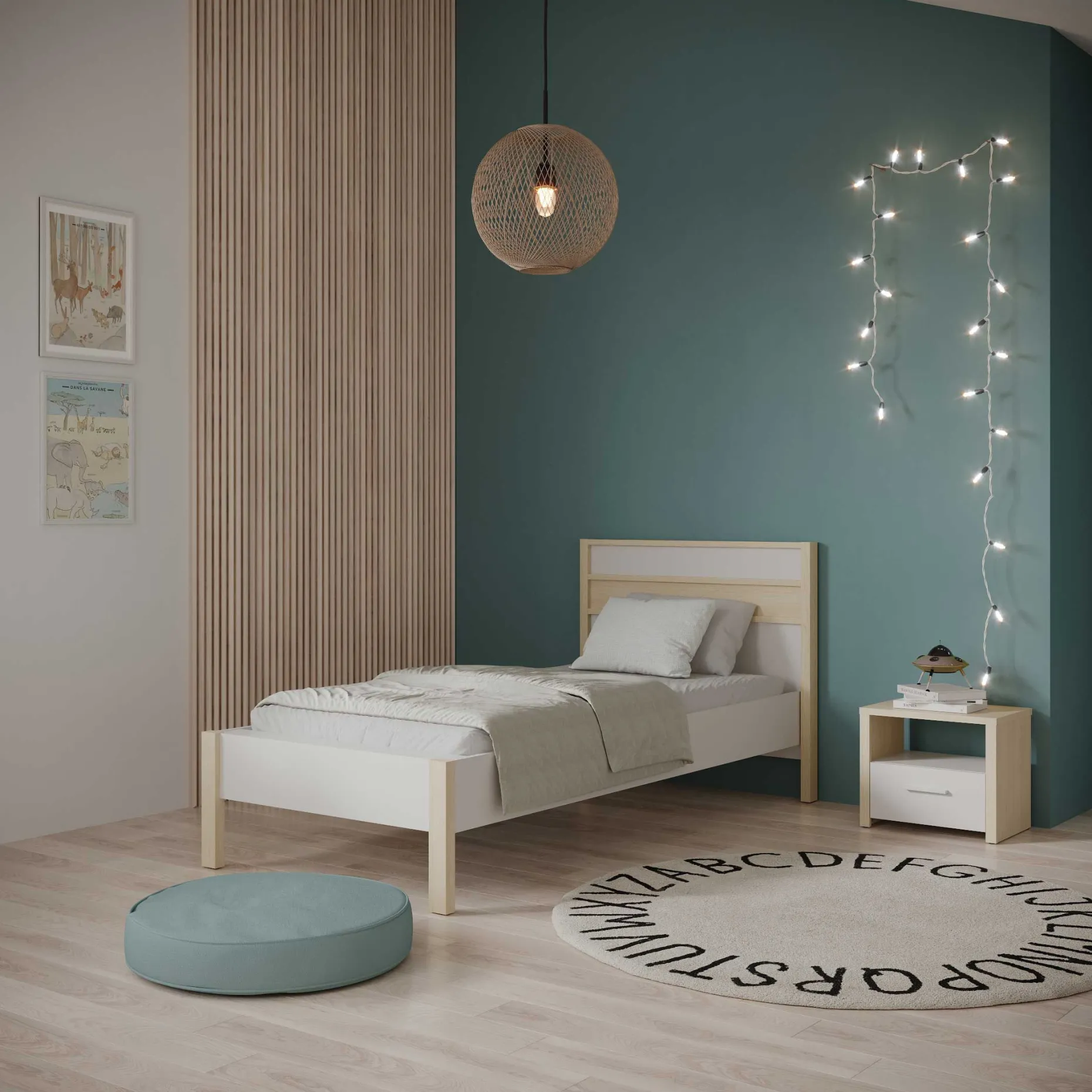 Einzelbett Heva - 90x190/200cm - weiß/Eiche Dekor