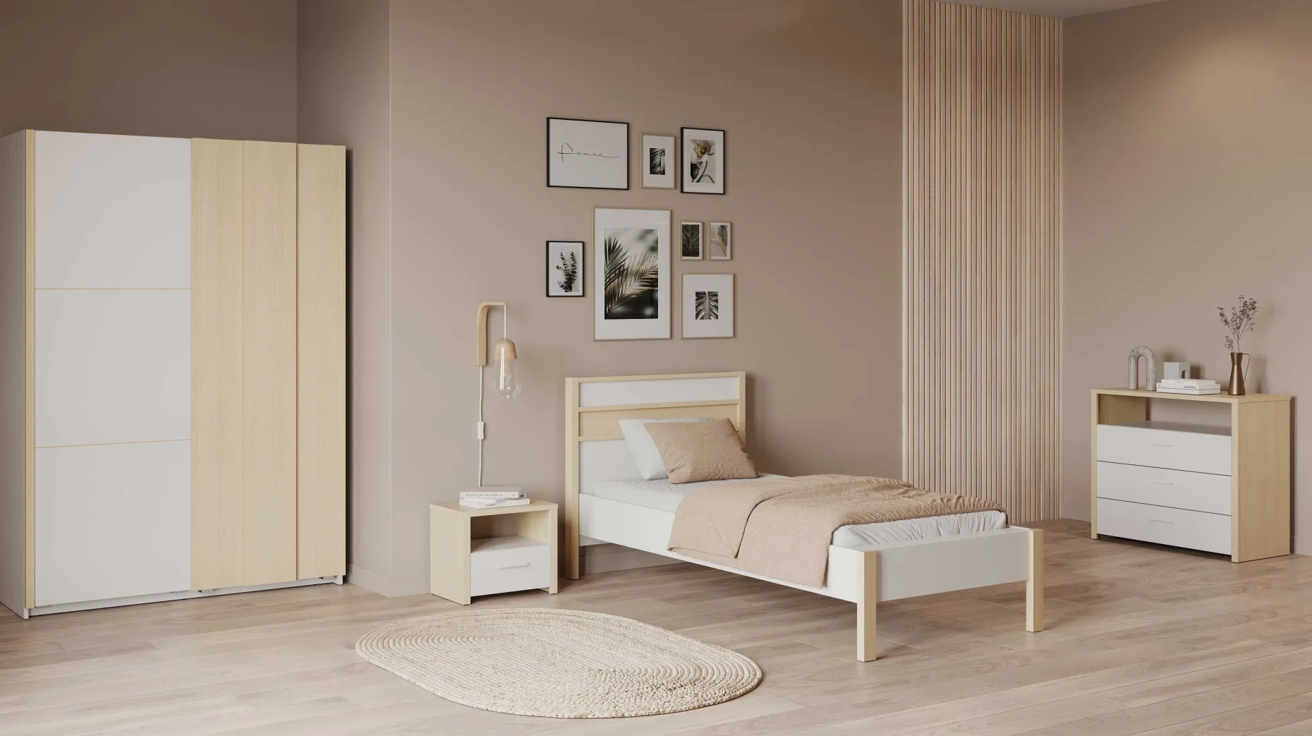 Einzelbett Heva - 90x190/200cm - weiß/Eiche Dekor