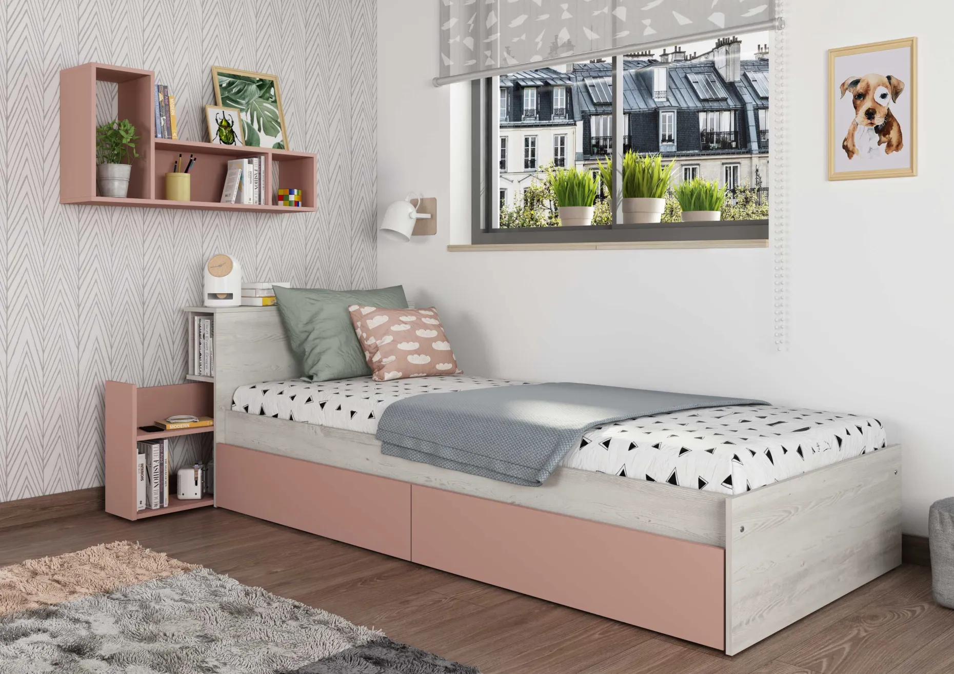 Einzelbett Kazim 90x200 mit Stauraum - altrosa