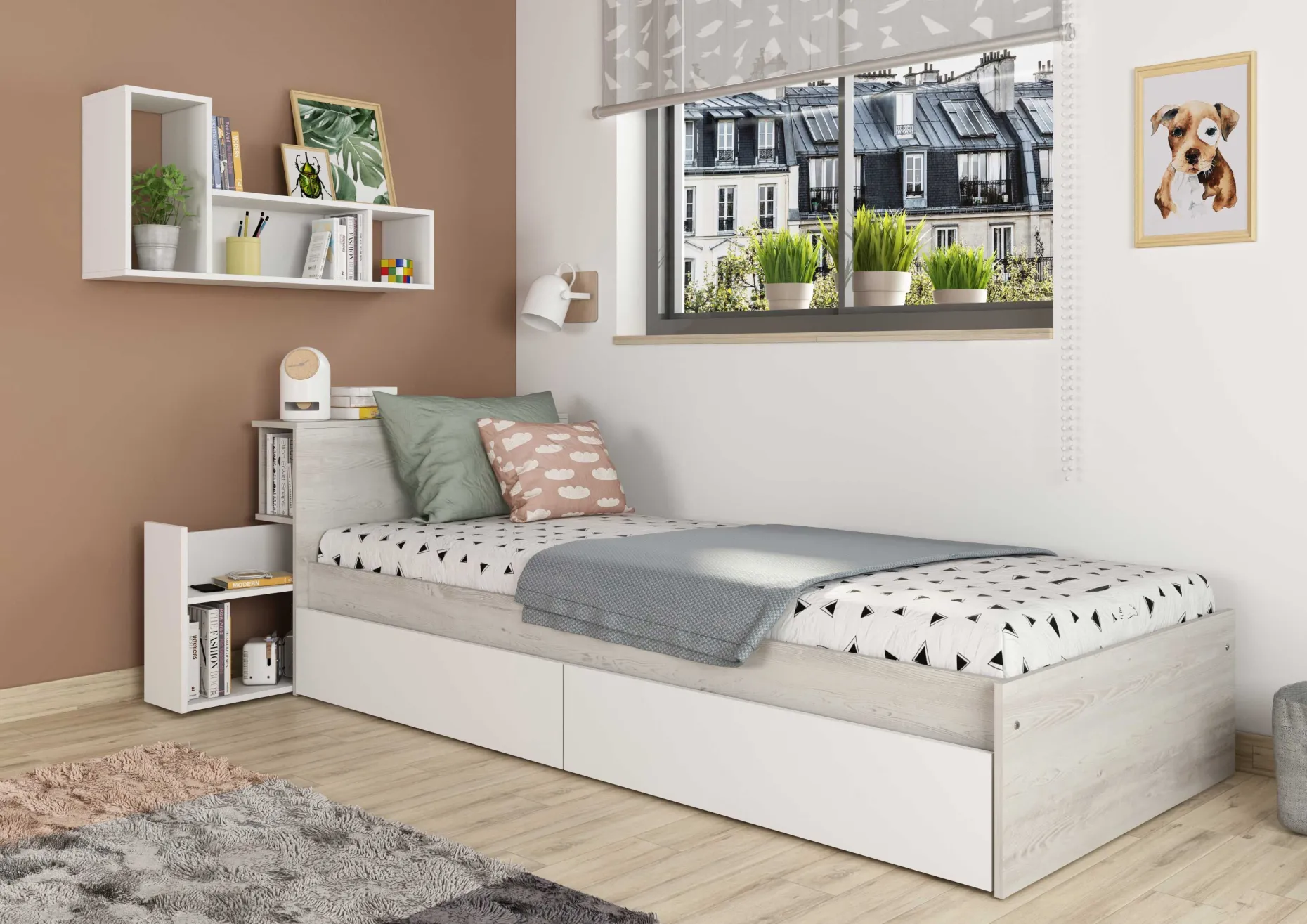 Einzelbett Kazim 90x200 mit Stauraum - weiß