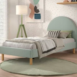 Einzelbett Maeva - 212x97x107 cm - Grüner Bouclé-Stoff