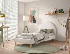 Einzelbett Maeva - 212x97x107 cm - Weißer Bouclé-Stoff