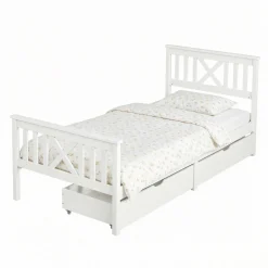 Einzelbett Milo - 90x200cm - mit Schubladen - massivem Kiefernholz - weiß