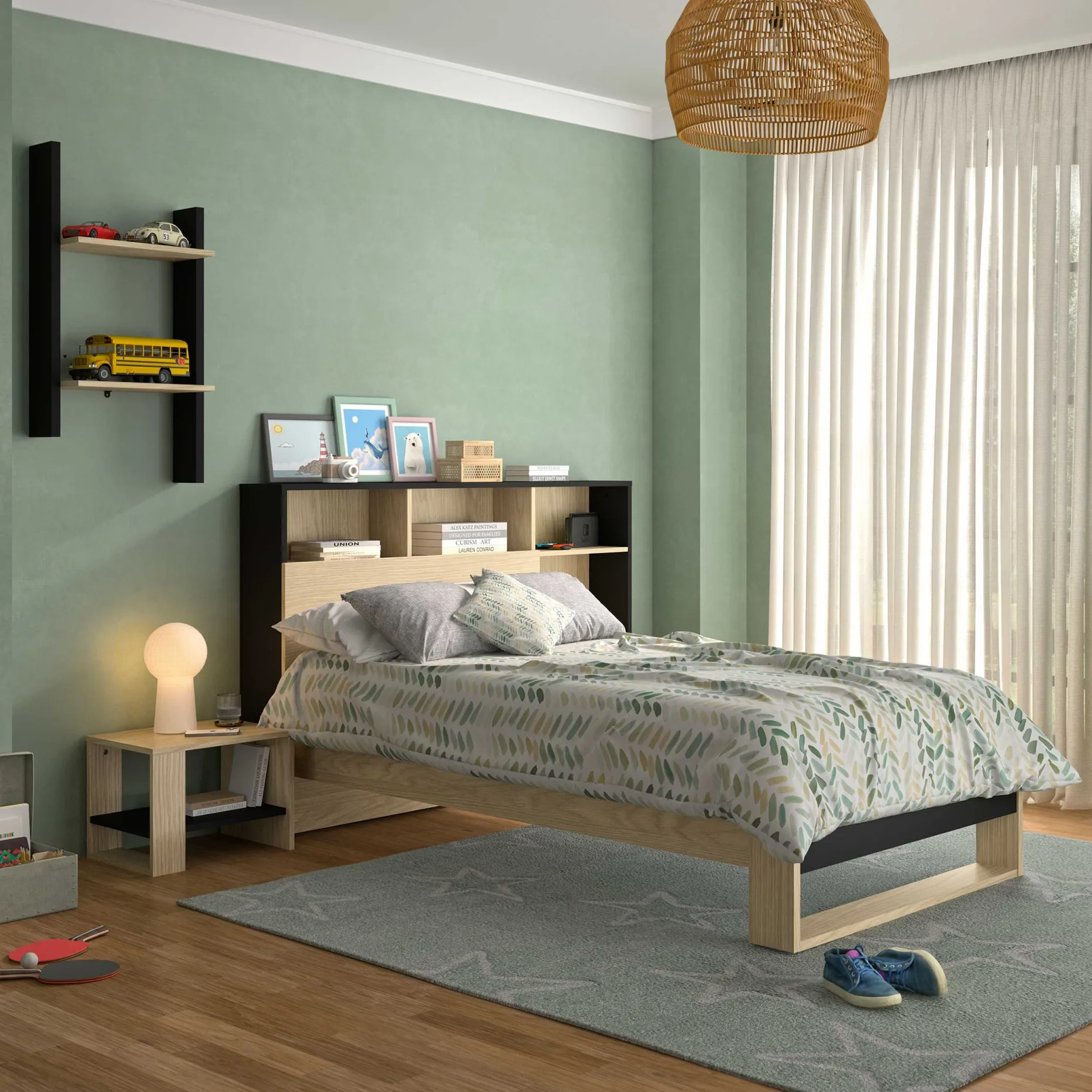 Einzelbett Nael - 90x190cm - Eiche Dekor/schwarz