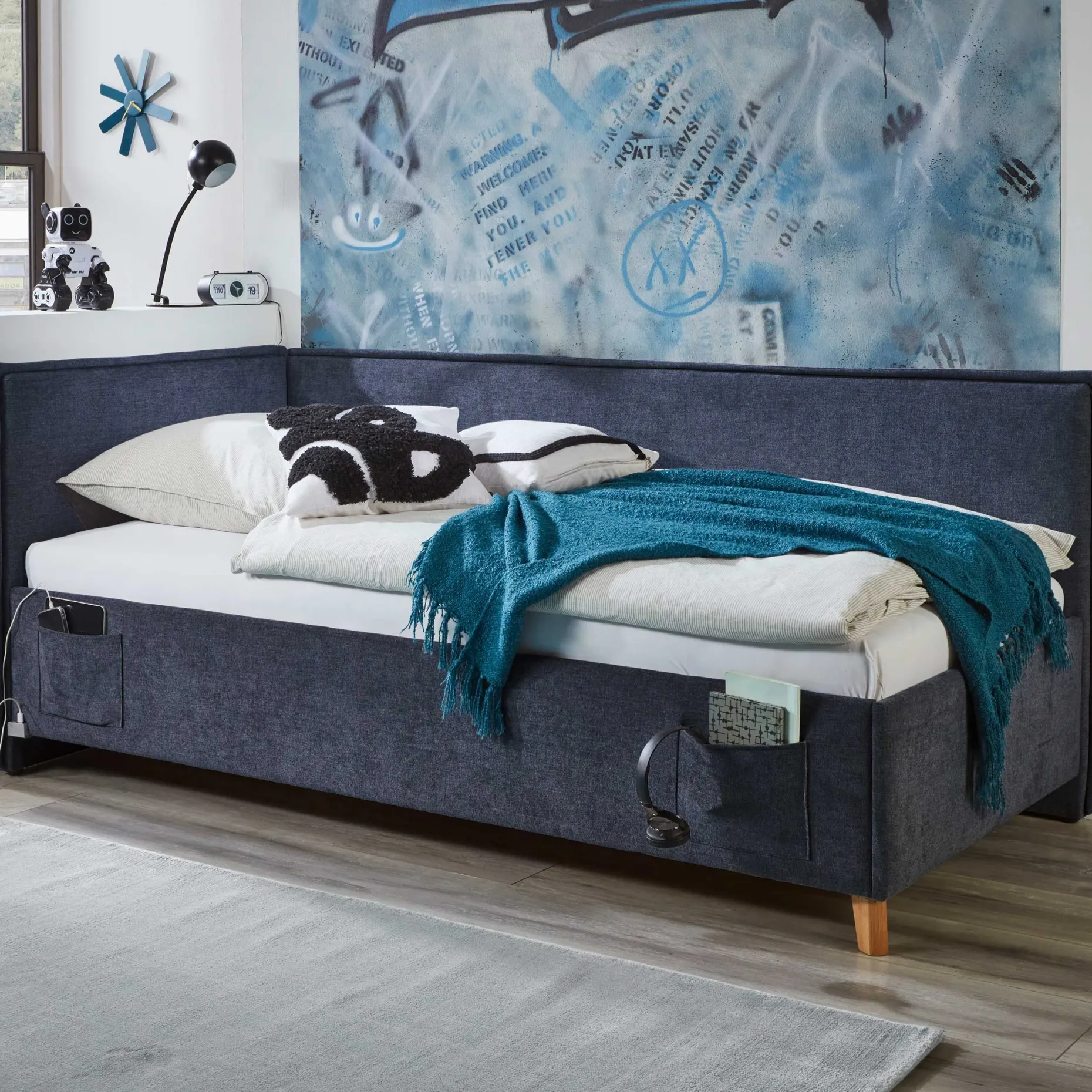 Einzelbett Ollie | Mit Rückenlehne | 120 x 200 cm | Dunkelblaues Design