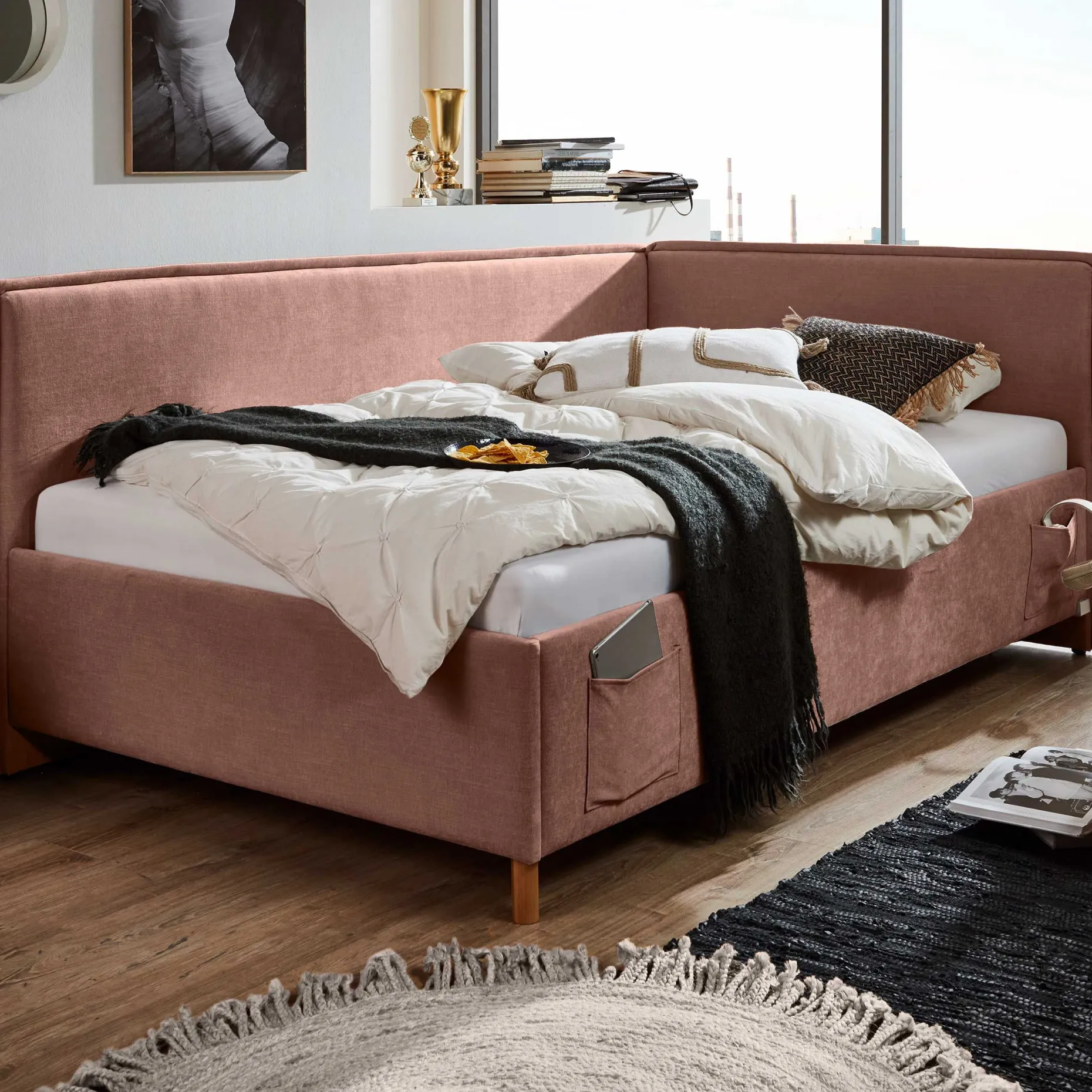 Einzelbett Ollie | Mit Rückenlehne | 90 x 200 cm | Rosa Design