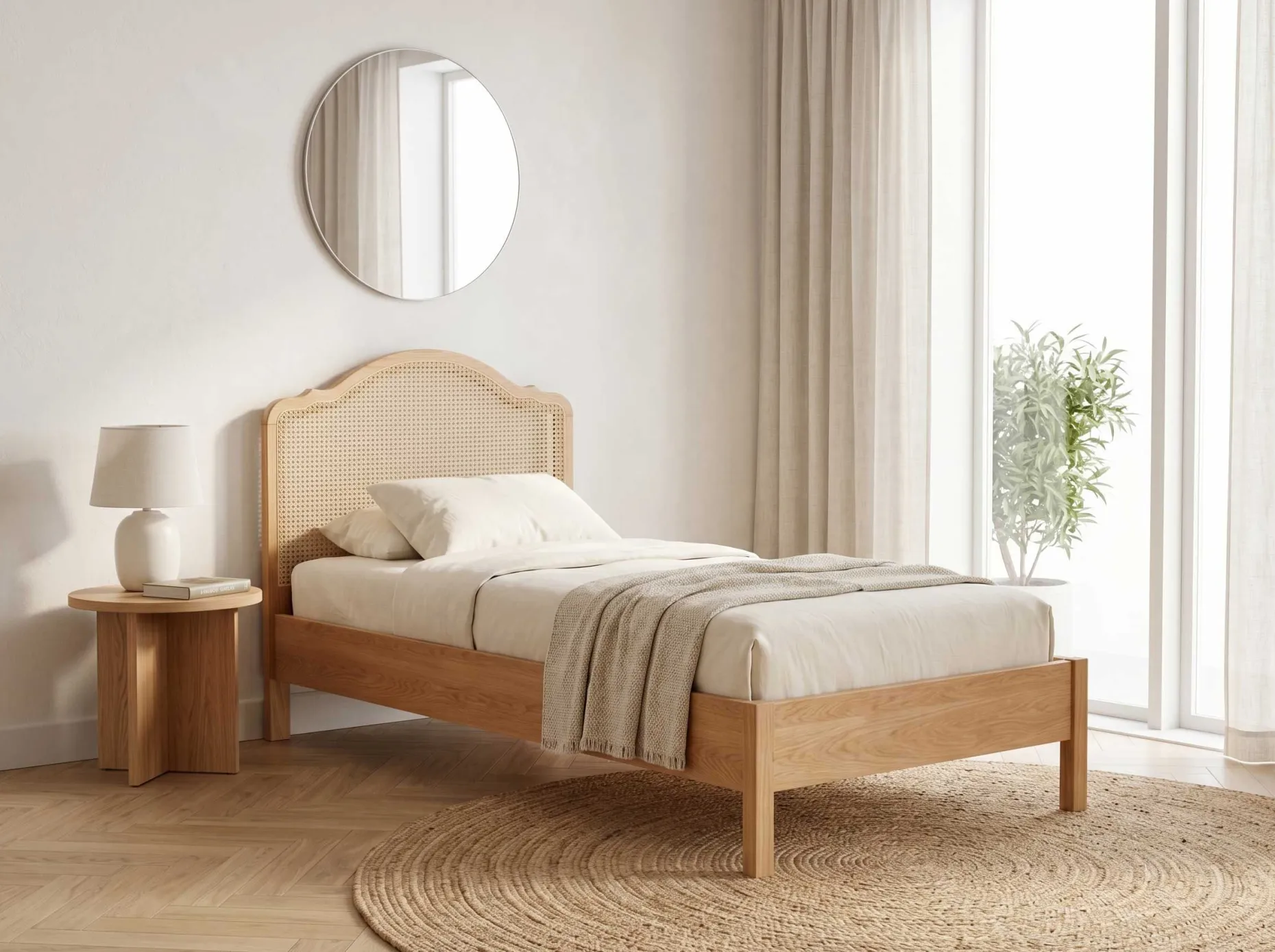 Einzelbett Prestige - 90x200cm - mit Lattenrost - Eichenholz/Rattan