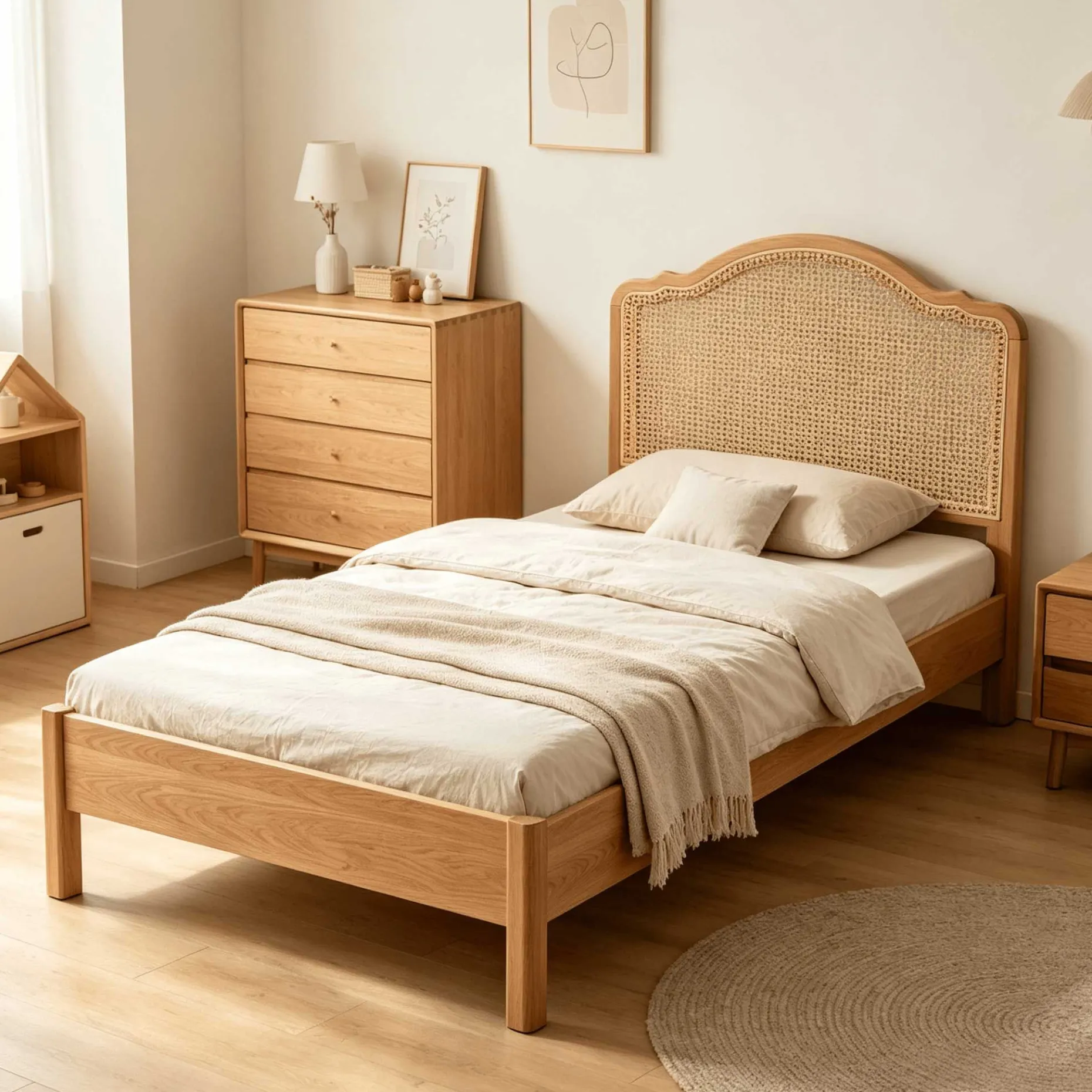 Einzelbett Prestige - 90x200cm - mit Lattenrost - Eichenholz/Rattan