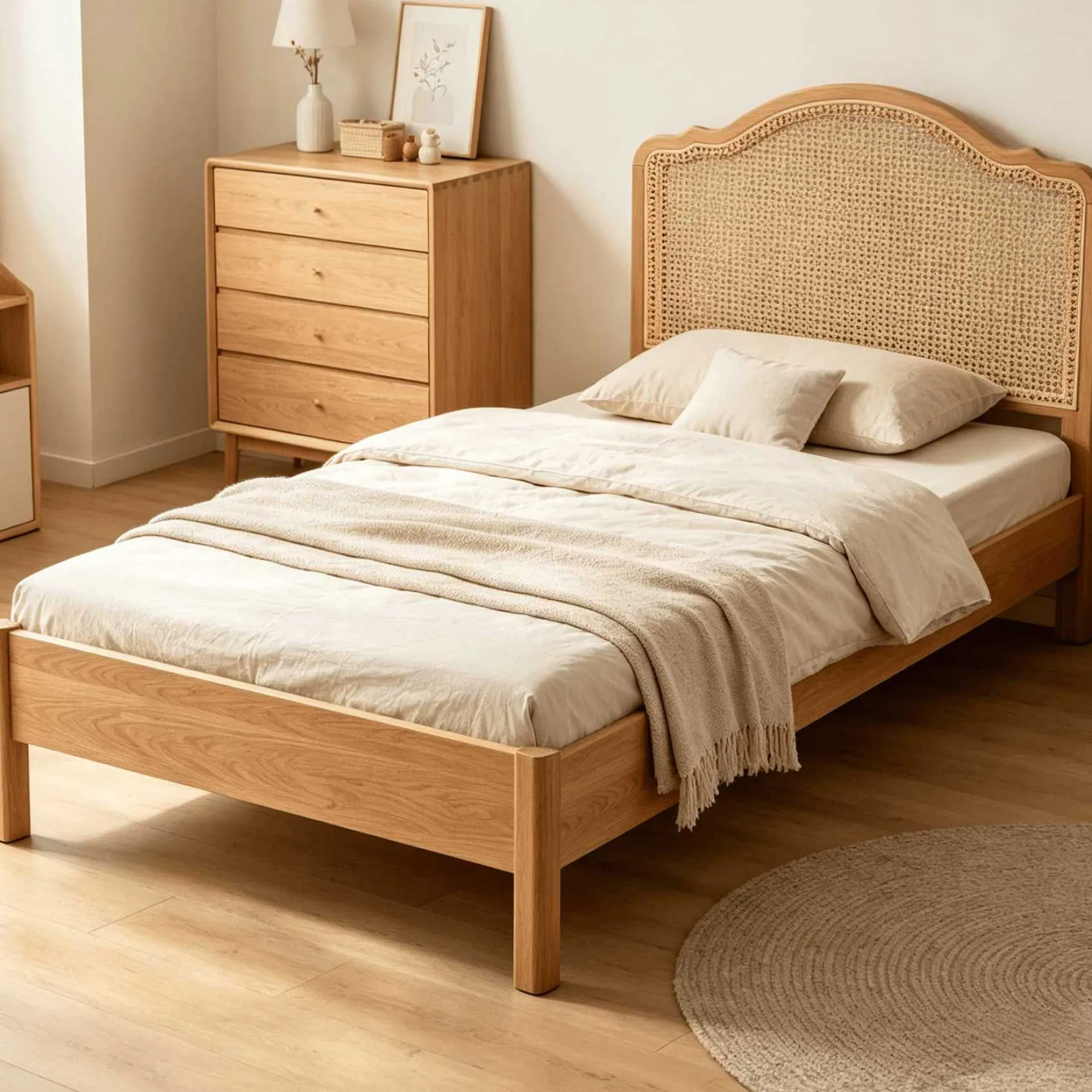 Einzelbett Prestige - 90x200cm - mit Lattenrost - Eichenholz/Rattan