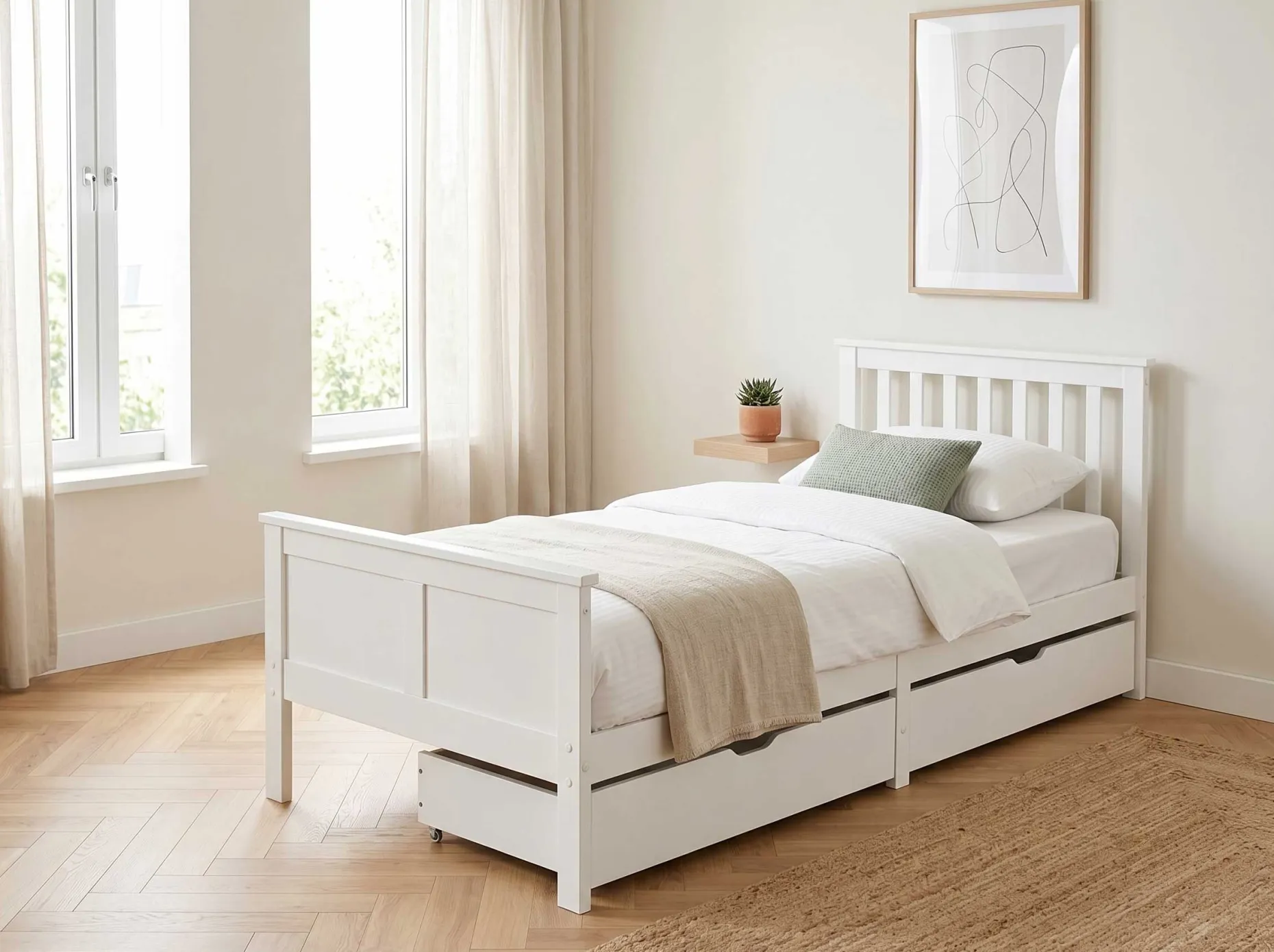 Einzelbett Rover - 90x200cm - mit Schubladen - massivem Kiefernholz - weiß