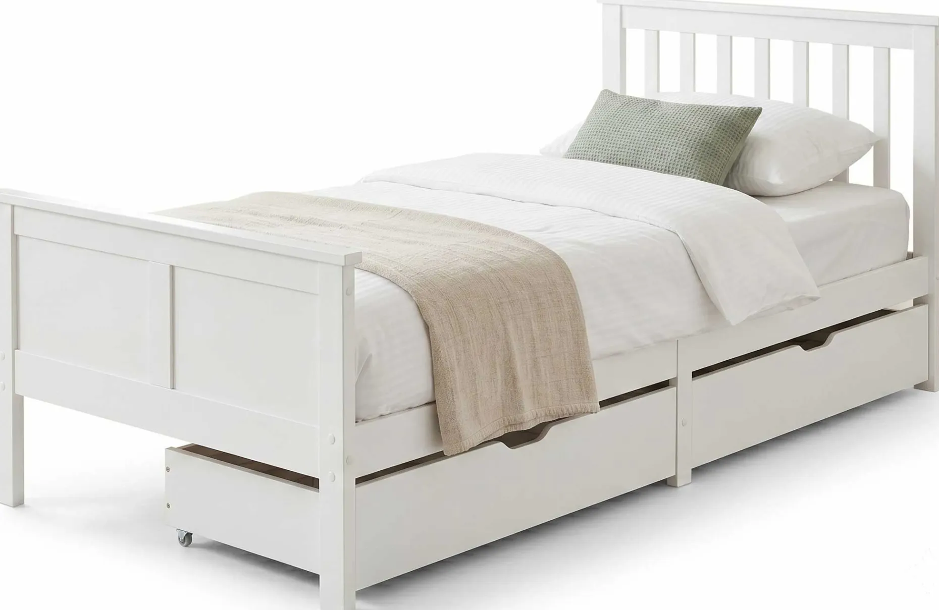 Einzelbett Rover - 90x200cm - mit Schubladen - massivem Kiefernholz - weiß