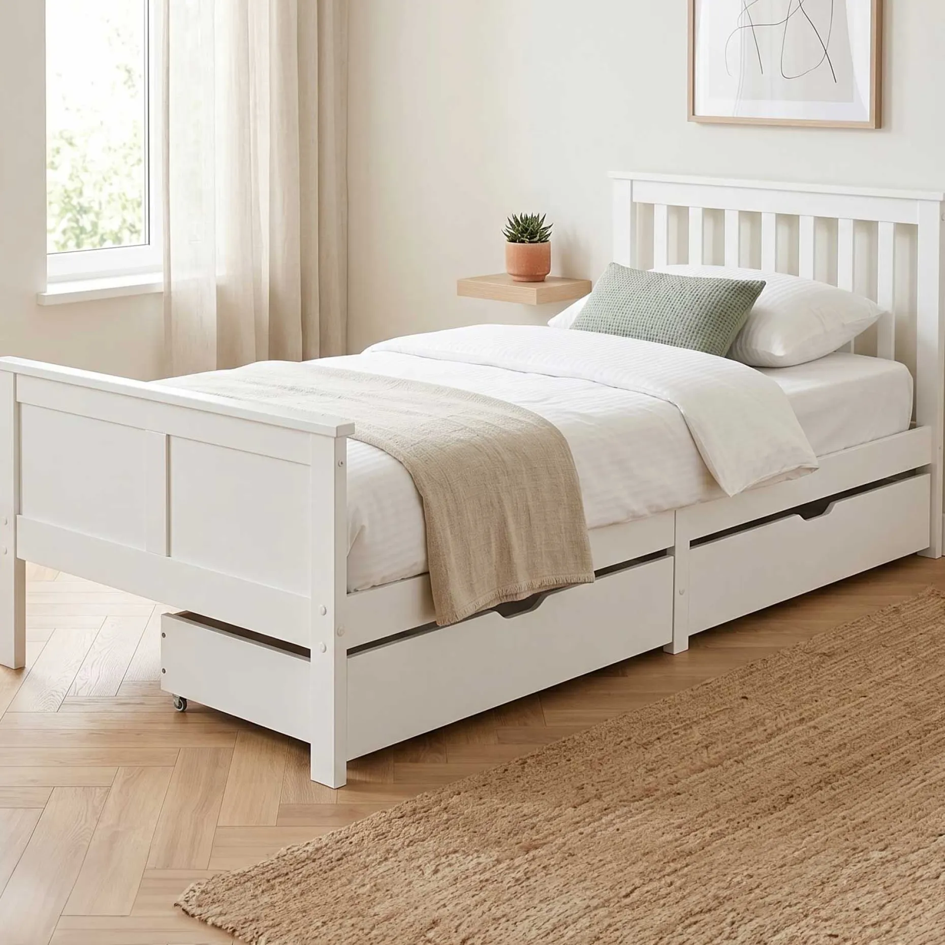 Einzelbett Rover - 90x200cm - mit Schubladen - massivem Kiefernholz - weiß