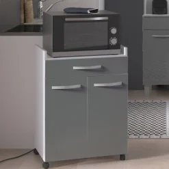 Eko Mikrowellenschrank mit Rollen - 2 Türen und 1 Schublade - hochglänzend grau
