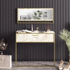 Emob Elegantes gemütliches Sideboard | 100% Melamin | Metallbeine | Marmormuster | Gold Weiß