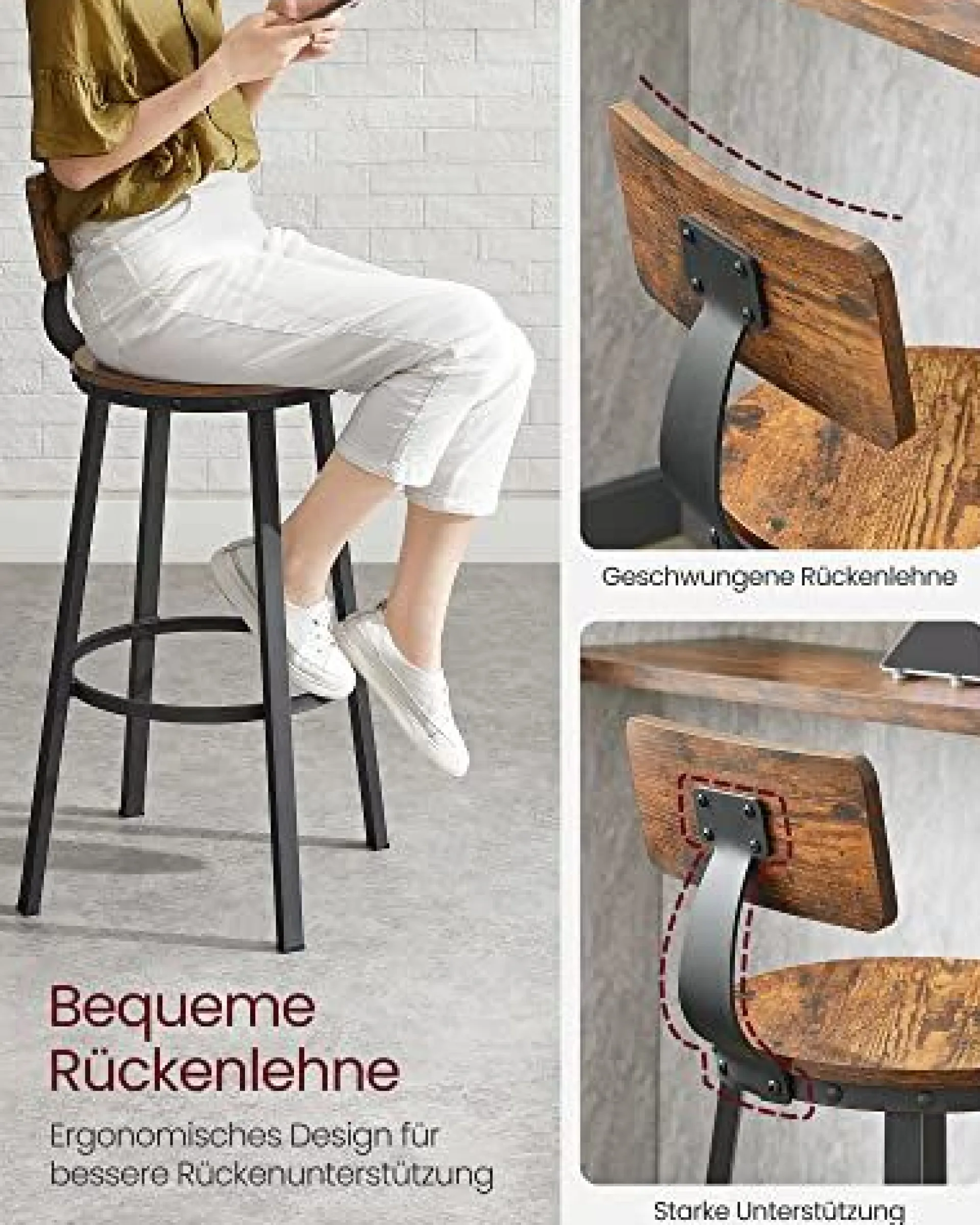 Vasagle 2er-Set hohe Barstühle mit Rückenlehne, einfache Montage
