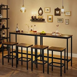 Vasagle Ess-/Bartisch-Set mit Hockern, industrielles Stahlgestell, rustikales Braun/Schwarz