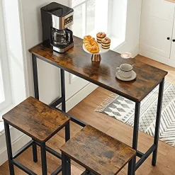 Vasagle Ess-/Bartisch-Set mit Hockern, industrielles Stahlgestell, rustikales Braun/Schwarz