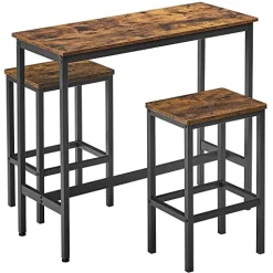 Vasagle Ess-/Bartisch-Set mit Hockern, industrielles Stahlgestell, rustikales Braun/Schwarz