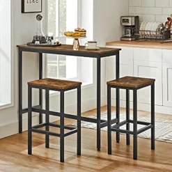 Vasagle Ess-/Bartisch-Set mit Hockern, industrielles Stahlgestell, rustikales Braun/Schwarz