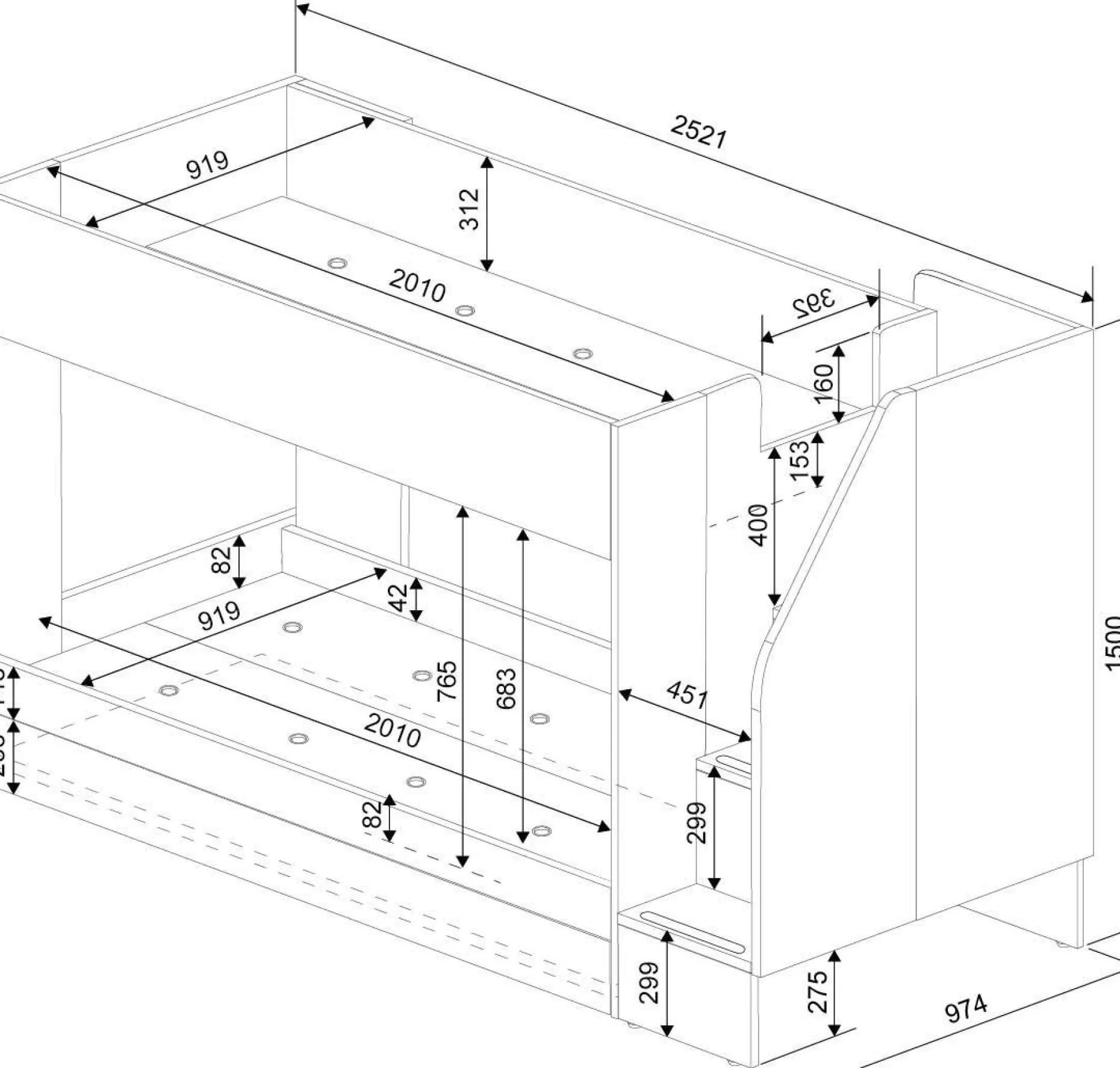 Etagenbett Easy - 90x200cm - mit Bettkasten - Cascina Eiche Dekor/Weiß
