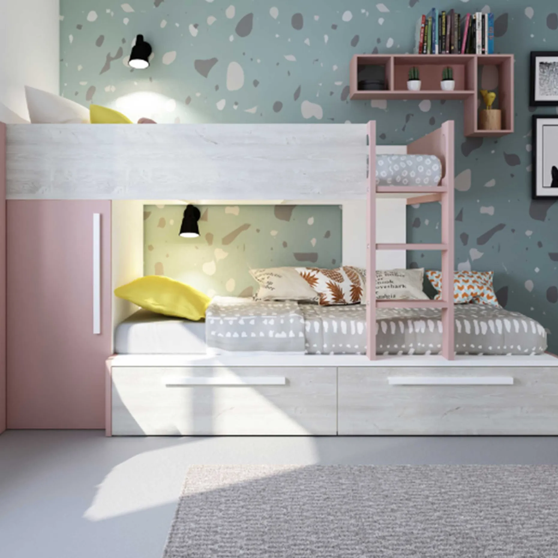 Etagenbett Fleur mit Kleiderschrank und Schubladen - altrosa